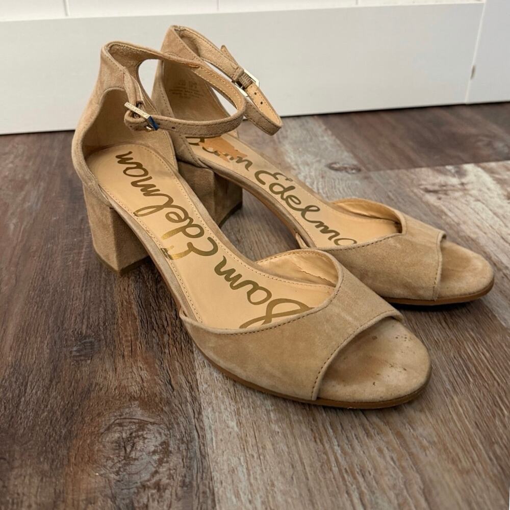 Sam Edelman Susie wide Heel tan suede ankle strap open toe sz 8.5 women GUC